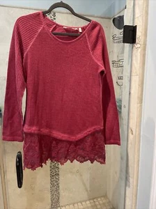 Soft Surroundings Tunic Waffle Knit Thermal Shirt Medium Pink Red Lace Trim - Picture 1 of 11