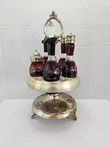 6 Piece Victorian Cruet Set, Antique Cranberry Red Glass - Picture 1 of 9