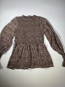 Women's Boho Floral Printed Puff Long Sleeve Shirts Crew Neck Tie Waist Sz L - Picture 1 of 10