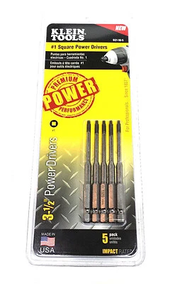 Klein Tools 5 Pack #1 Square Power Drivers 3-1/2'' (89 mm) Bits Impact Rated NEW