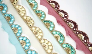 FCL 1 Mtr Embroidered Abhla Border Indian Lace Trim Asian Traditional Scallop - Picture 1 of 70
