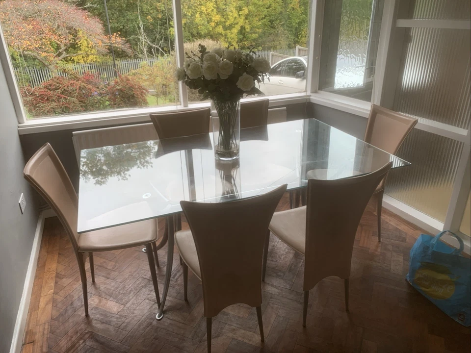 Glass Dinning Table with Hand Made Leather Chairs X6 In Pink Metal Frame VGC - Image 1 of 4