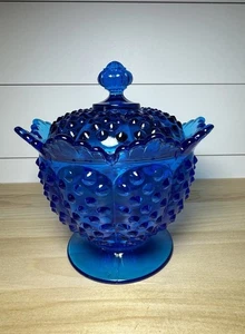 Fenton Colonial Blue Hobnail Glass Lidded Pedestal Candy Dish VTG Sawtooth Edge - Picture 1 of 12