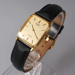 Seiko Dolce 7731-5240 Quartz Gold Rectangular Watch 24mm Leather Strap Japan - Picture 1 of 16