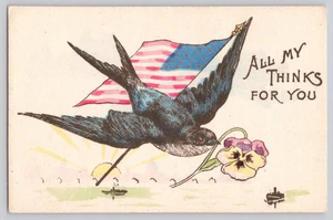 Patriotische Postkarte Schwalbe mit US-Flagge Stiefmütterchen Blume All My Thinks for You - Bild 1 von 3