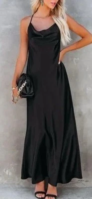 Maxi Vestido Anthropologie If By Sea Love Letter Satén Capucha Cuello Tirantes Espalda XL Foto 1 de 4