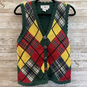 Vintage Rebecca Thomas Womens S Vest Crochet Green Golf Sweater Argyle Plaid - Bild 1 von 11