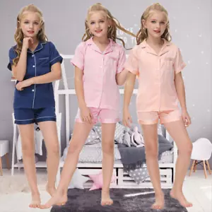 Toddler Kids Girls Silk Pyjamas Nightwear Top Pants Pjs Satin Sleepwear Outfits - Picture 1 of 19