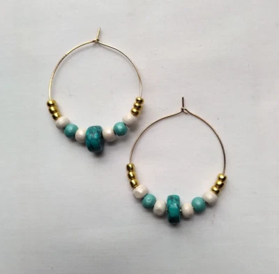 Gold Glass Turquoise Blue Howlite White Earthy Wood Bead Hoop Earrings Handmade - Image 1 of 4