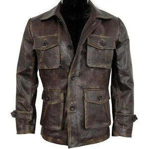 Mens 90s Retro Vintage Brown Distressed  Real Leather Jacket Outerwear Coat - Picture 1 of 3