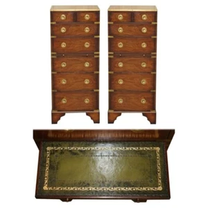 PAIR OF VINTAGE MILITARY CAMPAIGN TALLBOY CHESTS OF DRAWERS GREEN LEATHER TRAYS - Picture 1 of 15