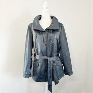 Lafayette 148 New York Metallic Button Zip Anorak Belted Jacket Silver Metal 10 - Picture 1 of 15