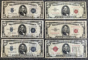 Lot of 6 (Six) $5 Five Dollar Bills 1928-1963 Red & Blue Silver Certificate - Picture 1 of 2