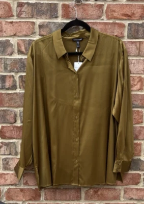 NUEVO CON ETIQUETAS Camisa Eileen Fisher Hoja Dorada Elastizada Seda Charmeuse Cuello Clásico $278 1X Foto 1 de 4