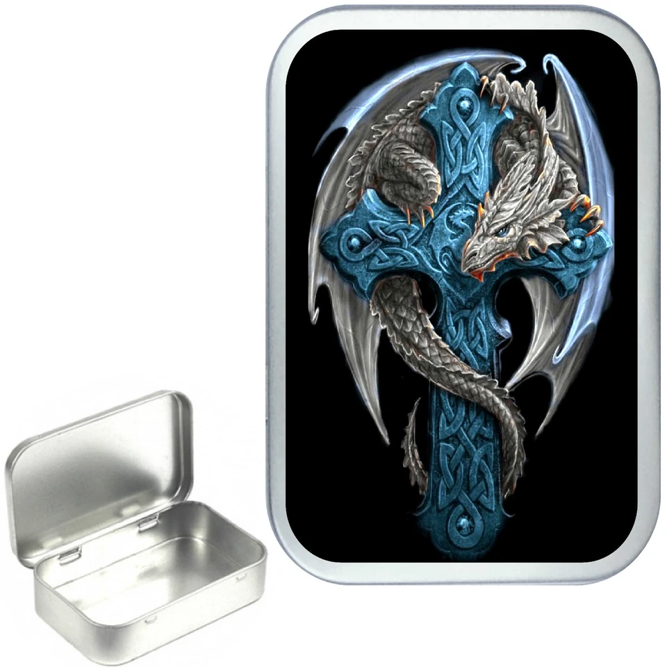 TINZONE Blue Dragon Cross, Silver Hinged Tobacco Tin, Treat Tin, Pocket 1oz & 2oz