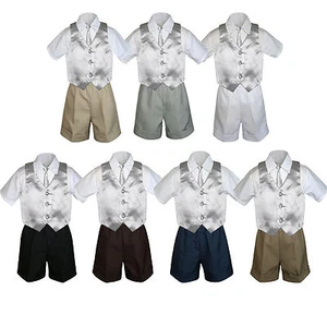 4pc Boy Toddler Formal SILVER Vest Necktie Khaki White Black Navy Shorts - Picture 1 of 8