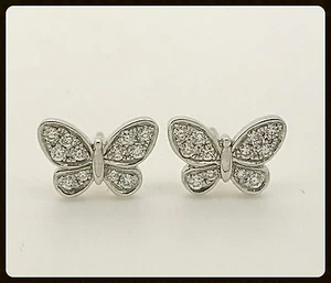 Pendientes de tachuelas de mariposas 18 k. Diamantes de oro blanco, regalo de amor moda hechos a mano - Imagen 1 de 12