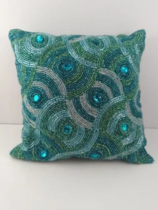 Pier 1 Imports Decorative Small Accent Pillow Teal Blue Beaded Peacock Swirl 11” - Picture 1 of 14