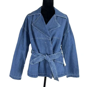 Chrysanthemum Denim Jean Jacket Women S Blue Pockets Button Down Tie Belt NWT - Picture 1 of 6