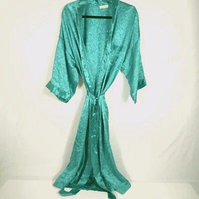 Vintage Años 70 JW Robinson Mujer MED Largo Satén Bata Floral Verde Bolsillos Faja  Foto 1 de 4