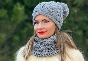 Designer wool scarf and hat elegant beanie round knit shawl gift set SUPERTANYA - Picture 1 of 21