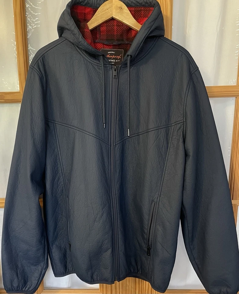 Chaqueta con Capucha Impermeable Imitación Cuero Adhesionada Polar Polar Polar Azul Marino Cremallera Completa Moderna Foto 1 de 4