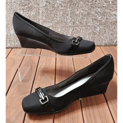 NUEVO Zapatos Lifestride Negro Gaceta Puntera Cuadrada Tacón de Cuña Hebilla Talla 10M Foto 1 de 4