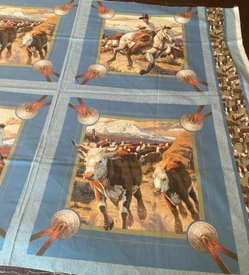 Panel de edredón de almohada de tela de algodón Western Cowboy & Steers 2 imágenes Foto 1 de 2