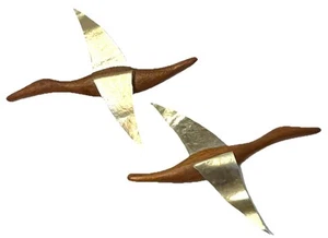 Vintage Mid Century Modern Brass Wing Teak Wood Wall Hanging Flying Ducks Set 2 - Picture 1 of 16