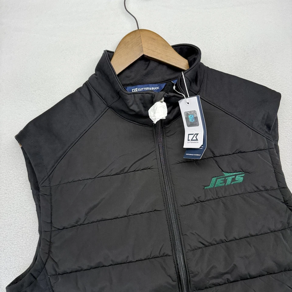 New York Jets Chaleco Hombre Mediano Negro Cremallera Puffer Bordado Logo Retro NUEVO Foto 1 de 4