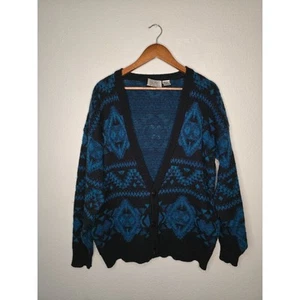 Vintage Method Sweater Mens Large Geometric Abstract Blue Cardigan 1980s Large - Picture 1 of 12