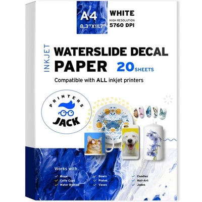 Printers Jack Water Slide Decal Paper Inkjet WHITE 20 Sheets A4 Size Premium ... - Image 1 of 4