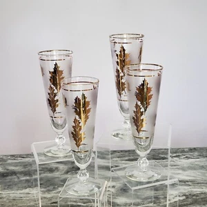 4 Libbey Golden Foliage Pilsner Glasses 22K Gold Leaves Frosted 1961 MCM Glasses - Bild 1 von 12