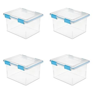 Sterilite 32 Qt Gasket Box Clear Base and Lid Blue Aquarium Set of 4 - Picture 1 of 5