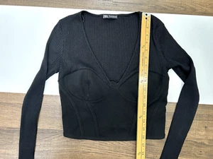 Zapa Womens Small Black Long Sleeve Corset Shirt Top Stretch V-Neck - Picture 1 of 10