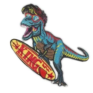 SURFING DINOSAUR IRON ON PATCH 3.25" Embroidered T-Rex King Mohawk Surfboard NEW - Picture 1 of 2