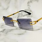 Blue Tint Mens Rimless Square Gold Frame Rectangular Hip Hop Fashion Sunglasses 