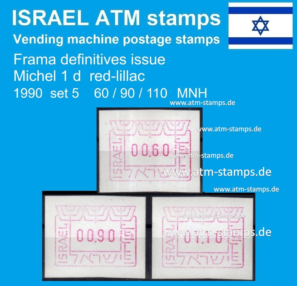 Sellos de cajero automático de Israel 1990 / Michel 1 / juego 5 / 60/90/110 MNH Frama Klussendorf CVP Foto 1 de 1