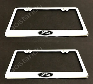 2xFORDLOGO STAINLESS Chrome License Plate Frame w/screw Caps - Picture 1 of 1