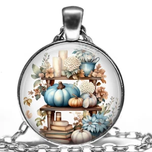 Old Farmhouse Fall Kitchen Shelf Pumpkins Fall Flowers Thanksgiving Necklace 24" - Picture 1 of 5