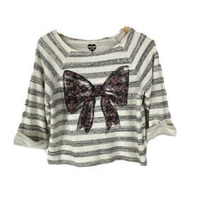 Modern Lux M Medium Knit Crop Top Blouse Gray Cream Striped Pink Bow Distressed - Picture 1 of 8