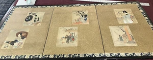 Unusual 3-Panel Antique Japanese Screen Painting - Picture 1 of 9