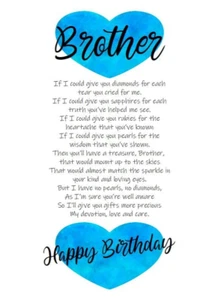 NEW DESIGN Brother, If I Could Give You Diamonds A5 Birthday Card Blue Hearts - Picture 1 of 4