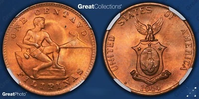 1944 S Philippines 1 Centavo NGC MS65 RB Red/Brown Bronze  Coin US WW2 - Image 1 of 3