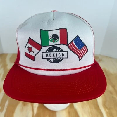 VTG Red & White NISSIN Mexico Canada USA Flag Hat Mesh Snap Back Trucker Hat - Image 1 of 4