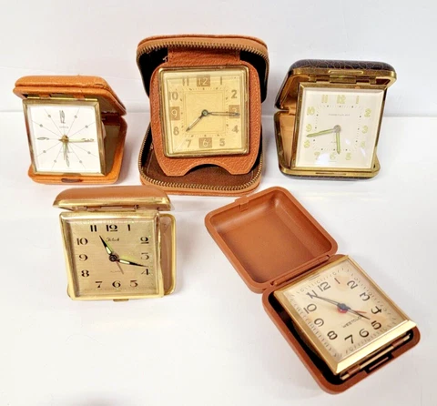 5 VINTAGE Travel Clocks Folding Wind-Up Alarm Untested SOLD AS IS FOR PARTS Cover