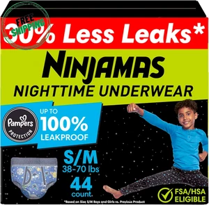 Ninjamas, Boys Bedwetting Nighttime Underwear, Size S/M (38-70 lbs), 44 Count - Picture 1 of 11