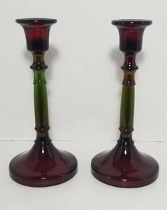Vintage Cambridge Rubina Glas Kerzenständer Paar Set Kerzenständer rot/grün - Bild 1 von 18