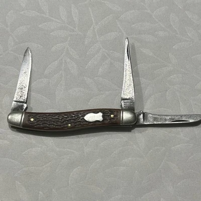 Schrade Walden NY США винтажные три лезвия Stockman с коричневыми джиговыми костяными ручками - Изображение 1 из 4