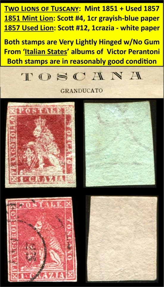 2 LIONS OF TUSCANY 2 PAPELES DE COLORES - 1851 COMO NUEVO Scott #4 - 1857 USADO Scott #12/B2 Foto 1 de 4